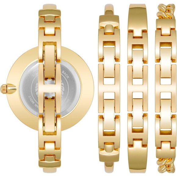 Women\'s Brass Bangle Watch and Bracelet Set Gold Black Crystal Enamel Jewelry main image 7